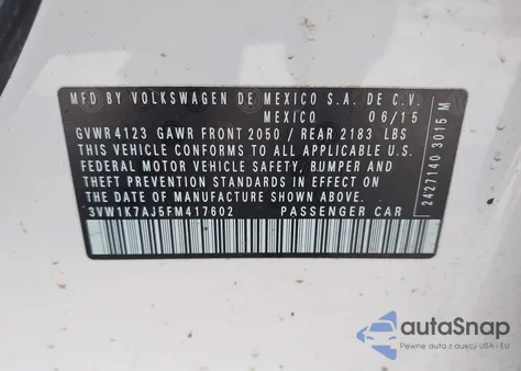 2015 Volkswagen Jetta 2.0L S из США, поврежденный, VIN 3VW1K7AJ5FM417602